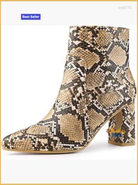 Snakeskin Print Chunky High Heel Ankle Boots Pointed Toe Side Zip